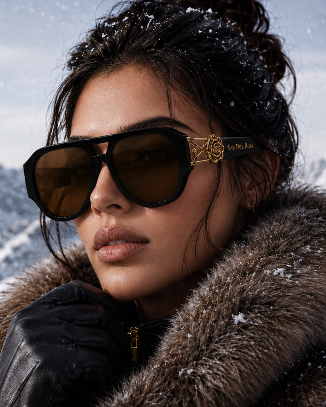Eva Del Rosa eyewear — model in fur coat and sunglasses against snowy mountains