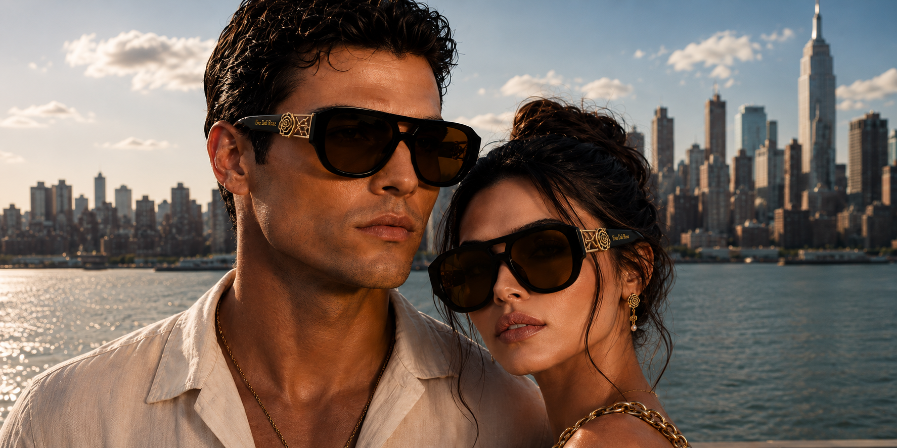 Eva Del Rosa sunglasses — couple wearing frames against the New York skyline